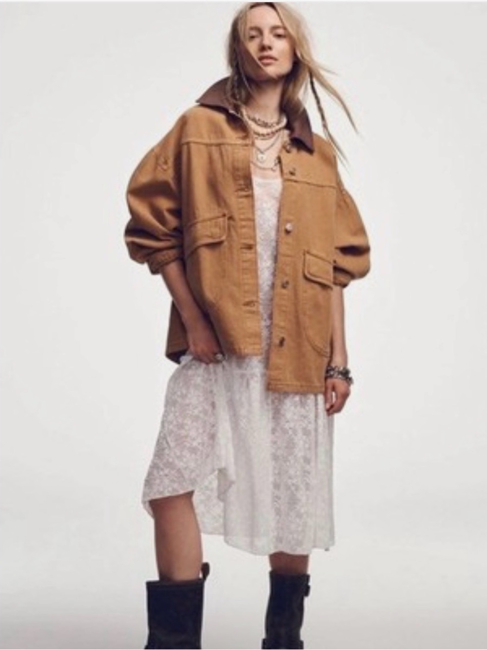 NWT Free People We the Free Lemon Denim Jacket in Meerkat Size XS Oversized